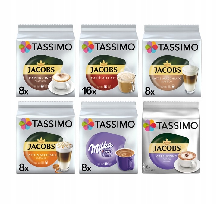 Kapsułki Tassimo Jacobs zestaw kawy mleczne 56szt, 5+1 opakowanie GRATIS!