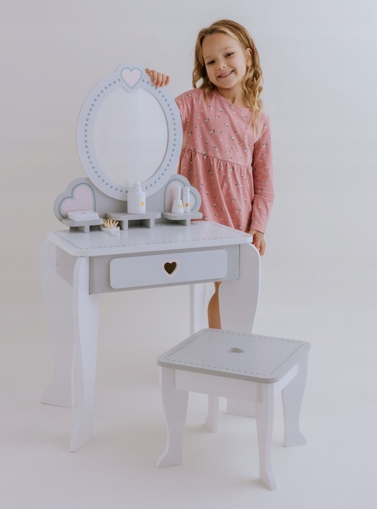 Drewniana toaletka dla dziewczynki z krzesełkiem lustro akcesoria szuflada