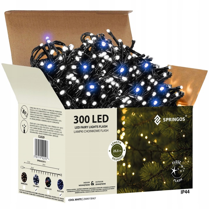 LAMPKI CHOINKOWE 300LED 24m zewnętrzne GRUBE ZIMNE BIAŁE + NIEBIESKI FLASH