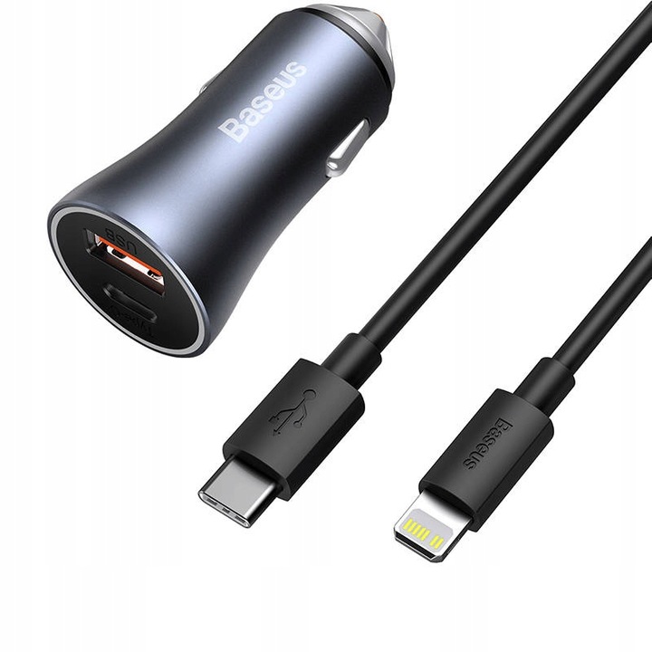 Szybka Ładowarka Samochodowa + Przewód Kabel Szybki Baseus USB + USB-C, QC4