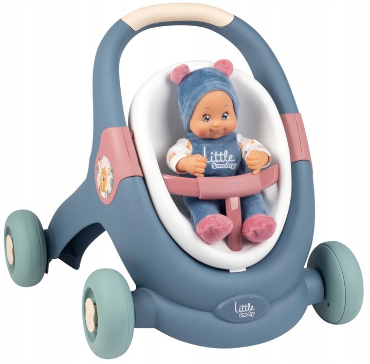 Wózek z Lalką Bobas Chodzik 3w1 Pchacz zestaw niebieski Little Smoby