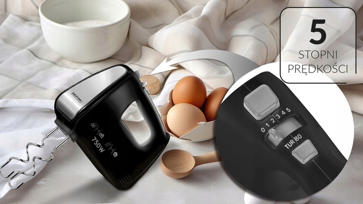 MOCNY MIKSER RĘCZNY CZARNY MPM 750W TURBO 5 PRĘDKOŚCI MMR-19C