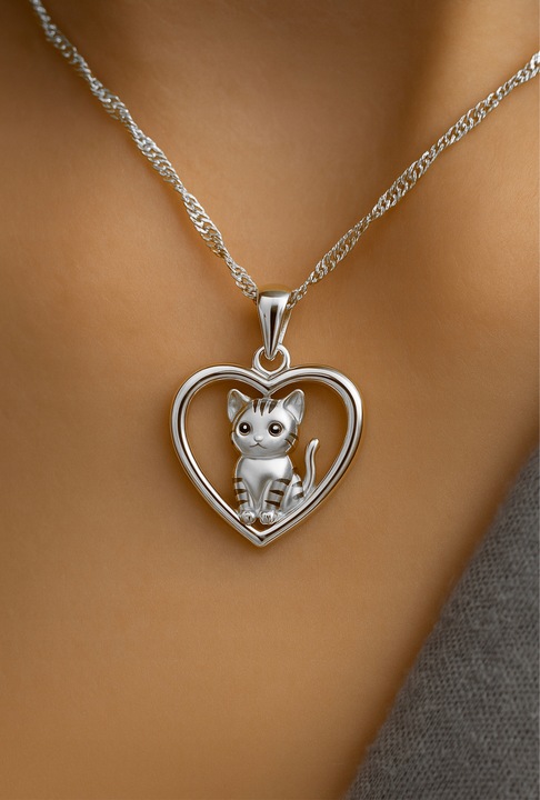 Naszyjnik Srebrny Serce z Kotkiem Kot Kotek Serduszko z Pupilem SREBRO 925