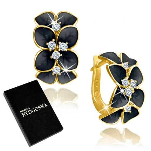 ZLOTE KOLCZYKI DLA KOBIETY KWIATY CZARNE, KOLCZYKI SREBRO PRÓBA 925