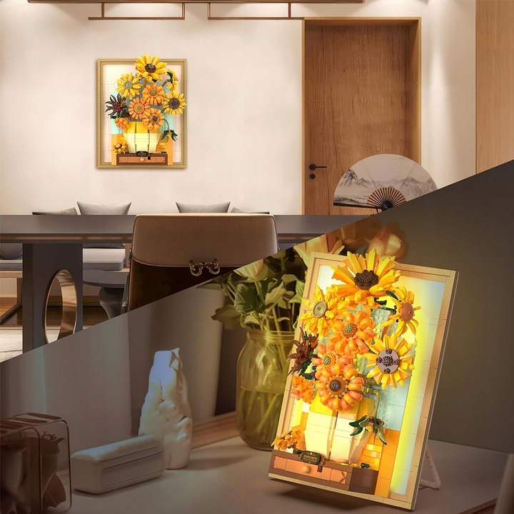 KLOCKI CREATIVE OBRAZ SŁONECZNIKI VAN GOGH PUZLE 3D ZESTAW 1166EL. Z LED