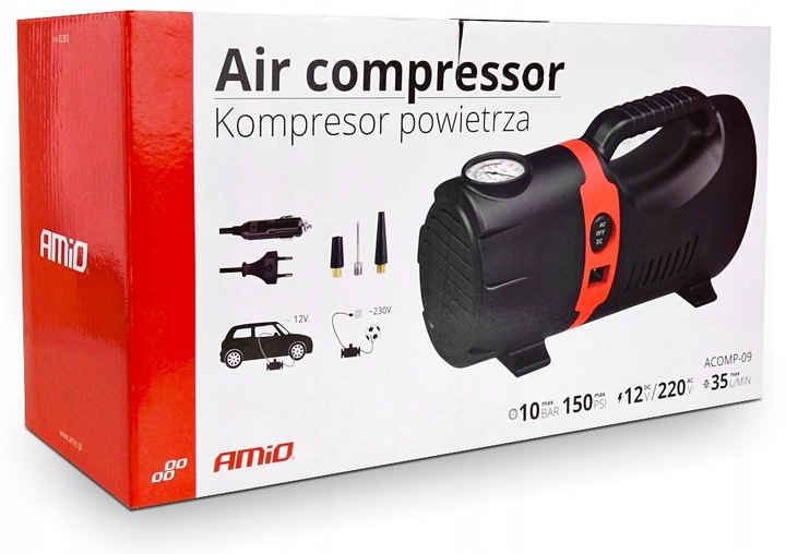 KOMPRESOR SAMOCHODOWY 12V + 230V SPRĘŻARKA DO KÓŁ