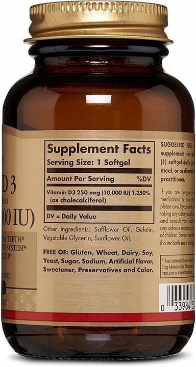 SOLGAR Witamina D3 10000 IU 120 Kapsułek Softgels 250mcg