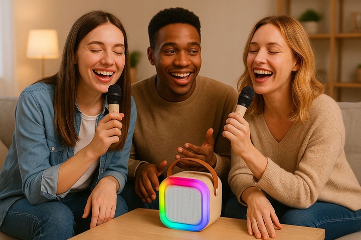 GŁOŚNIK BLUETOOTH PRZENOŚNY KARAOKE RGB 2 MIKROFONY MINI JACK USB SD
