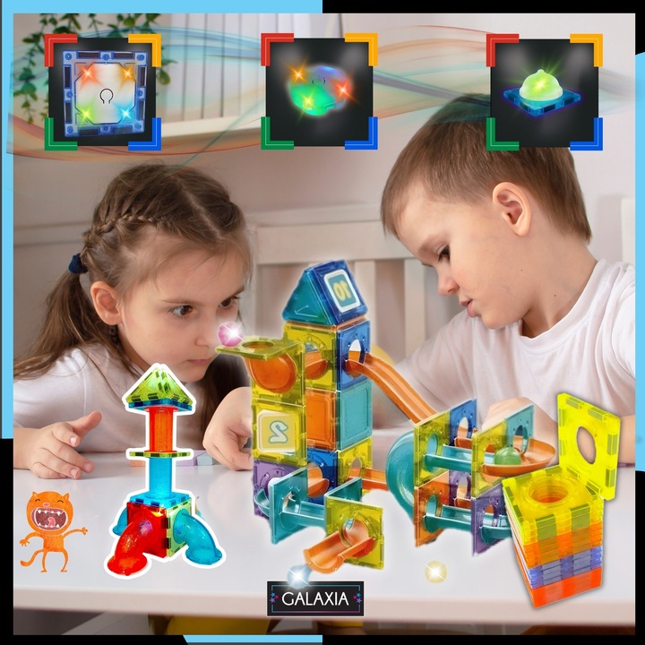 KLOCKI MAGNETYCZNE DUŻE 75 el Konstrukcyjne Świecące Dla Dzieci TOR KULKOWY