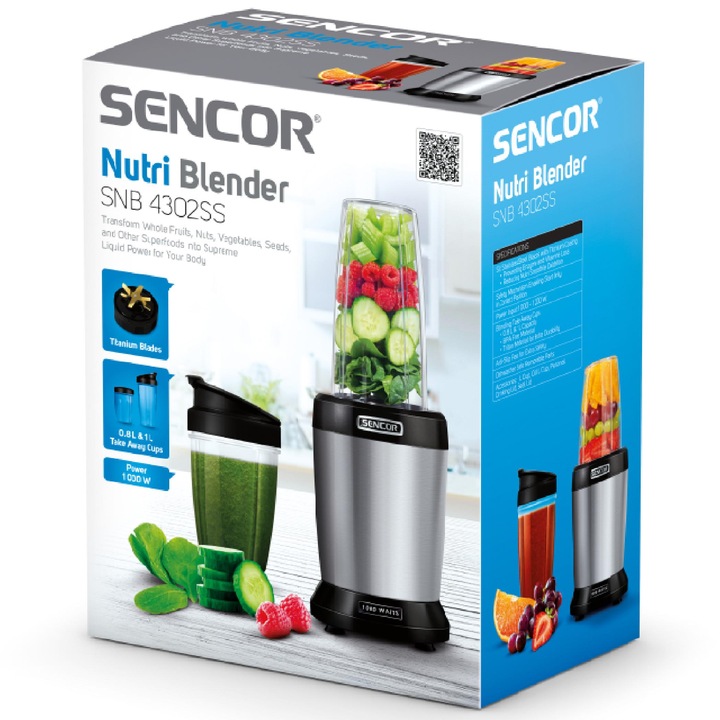 Nutri blender kielichowy 1000W 2 BUTELKI 800ml/1L srebrny Sencor SNB4302SS