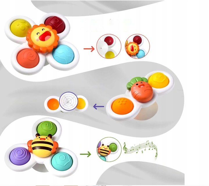 FIDGET SPINNER Z PRZYSSAWKĄ SENSORYCZNY OBROTOWY GRZECHOTKA KĄPIEL 3 SZTUKI