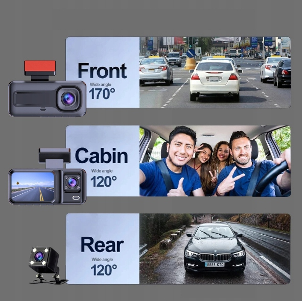 WideoRejestrator 3 Kamery z Kamerą cofania G-sensor Wstrząsy menu PL