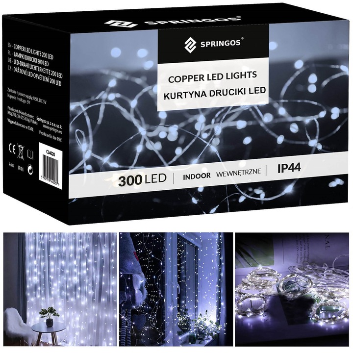 KURTYNA ŚWIETLNA NA BATERIE 300 LED LAMPKI 3x3M 8 FUNKCJI ZIMNE ŚWIATŁO