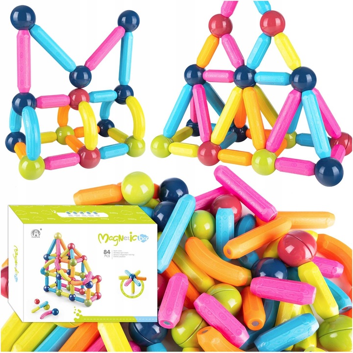 KLOCKI MAGNETYCZNE EDUKACYJNE DUŻE 84 ELEMENTY KONSTRUKCYJNE ZESTAW