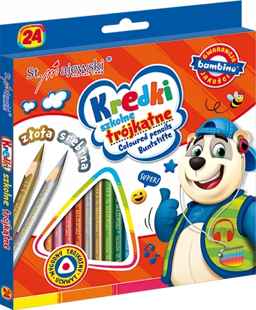 Kredki Trójkątne Szkolne Ołówkowe 24 kol. Złota Srebrna Bambino