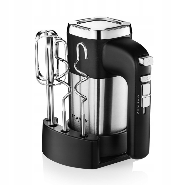 Mikser ręczny 5 biegów tryb TURBO Zestaw 4 mieszadła Organizer TRANSA 900W