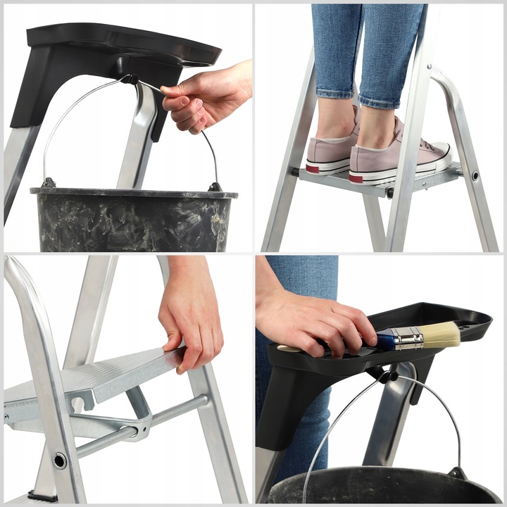 DRABINA ALUMINIOWA DOMOWA 4 STOPNIOWA SKŁADANA PÓŁKA 125kg PRODUKT POLSKI