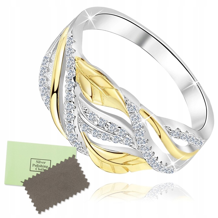 Pierścionek srebrny rodowany listki pozłacane srebro 925