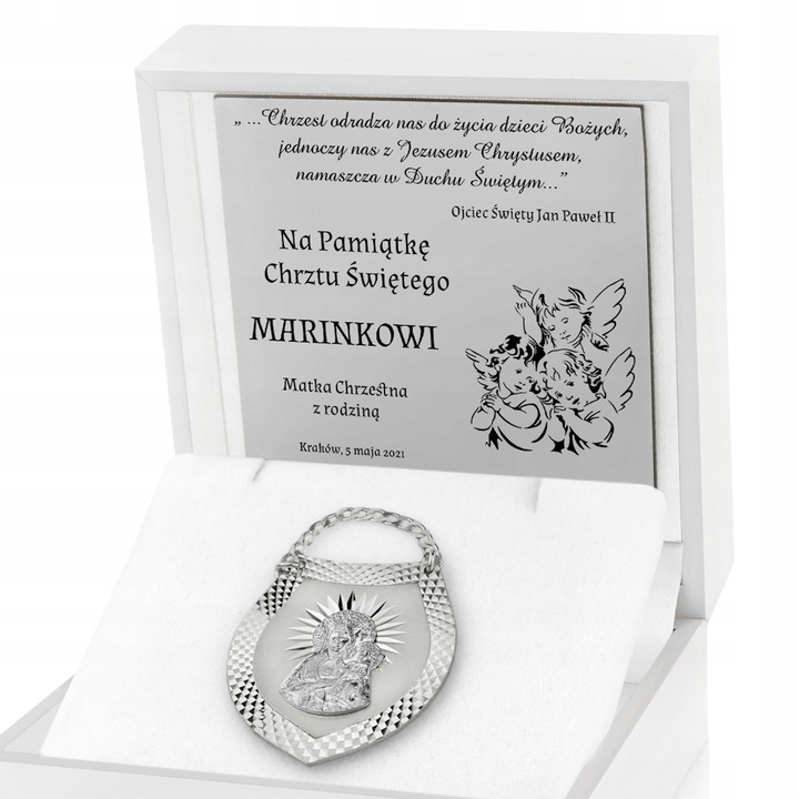 Srebrny Ryngraf z Matką Boska Pamiątka Chrztu Świętego Grawer dla Dziecka