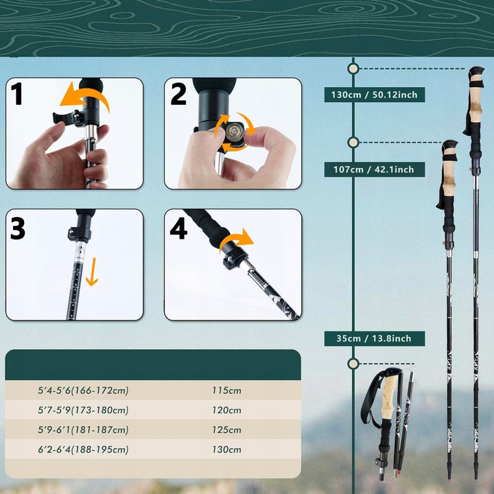 KIJE TREKKINGOWE SKŁADANE KIJKI W GÓRY DO TURYSTYCZNE REGULOWANE ALUMINIOWE