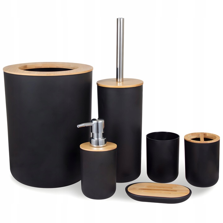 ZESTAW ŁAZIENKOWY 6 ELEMENTÓW AKCESORIA DO WC KOSZ DOZOWNIK CZARNY KOMPLET