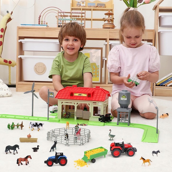 Mega Farma Gospodarstwo STODOŁA OBORA FGURKI ZWIERZĘTA DROGA + 3 TRAKTORY