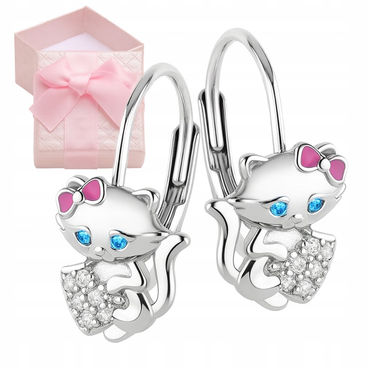 Kolczyki srebrne 925 kotki z kokardką dla dziewczynki chrzest/komunia