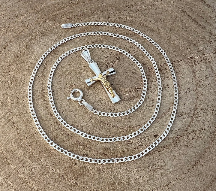 Srebrny łańcuszek i krzyżyk zestaw komunijny 45 cm srebro pozłacany prezent