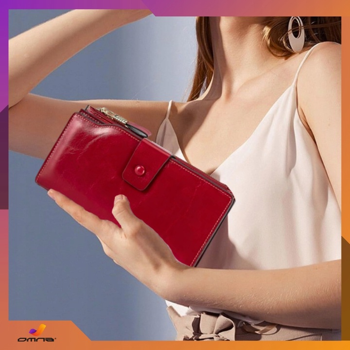 Portfel damski skórzany duży lakierowany pojemny RFID z paskiem czerwony