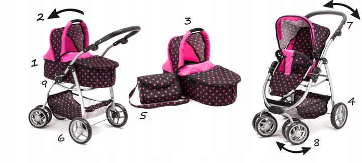 Doris DUŻY WÓZEK DLA LALEK GŁĘBOKI SPACEROWY 4w1