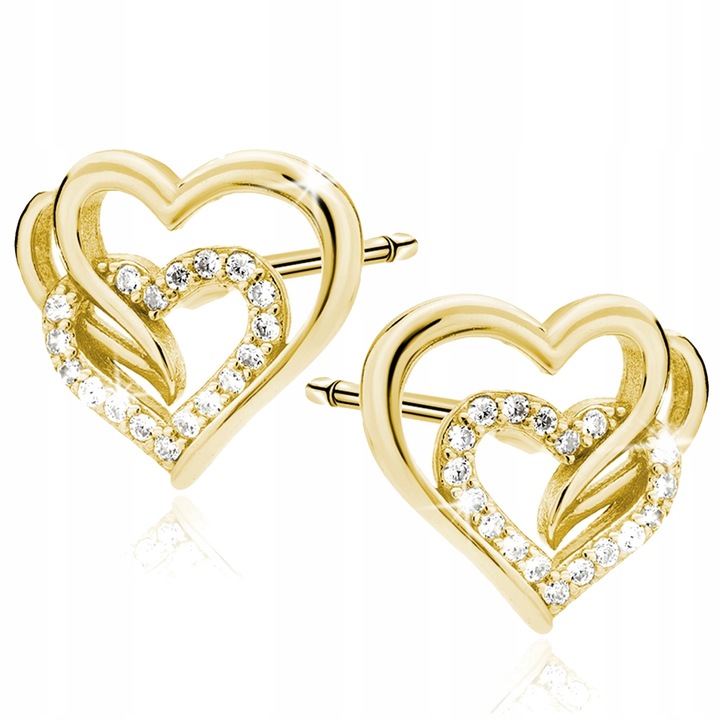 ZŁOTE KOLCZYKI DAMSKIE 585 Z CYRKONIAMI SERCA WKRĘTKI PREZENT DLA ŻONY MAMY