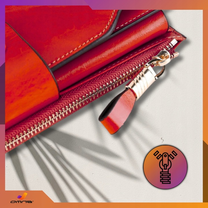 Portfel damski skórzany duży lakierowany pojemny RFID z paskiem czerwony