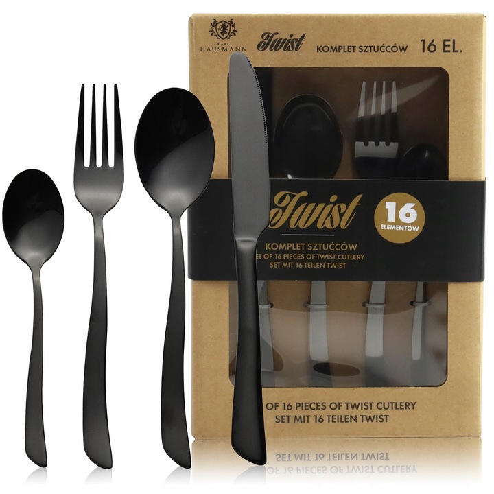 ZESTAW SZTUĆCÓW 16 el komplet sztućce pudełko proste nowoczesne czarne