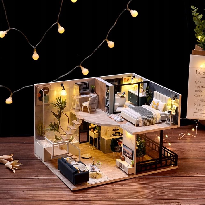 Domek dla Lalek Drewniany LED Piętrowy Retro Model do Złożenia DIY Meble