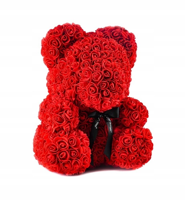 Misiek z Kwiatów Róż ZŁOŻONE PUDEŁKO Prezent na Walentynki MIŚ + Lampki Led