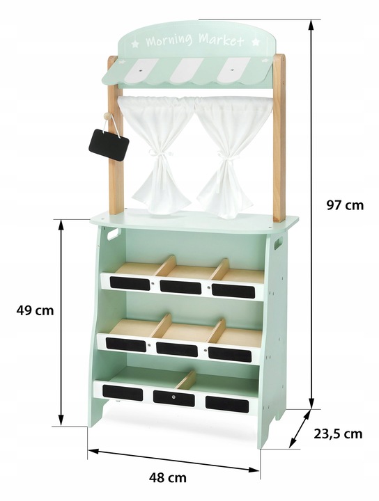 Duży drewniany sklep stragan teatr waga terminal płatniczy warzywa i owoce