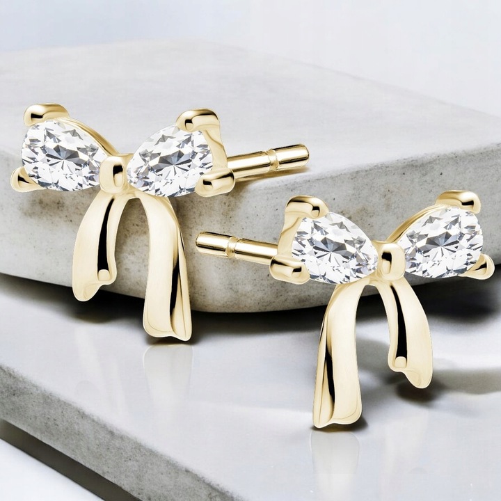 KOLCZYKI SREBRNE 925 Pozłacane z cyrkoniami KOKARDKI KOKARDY Wkrętki Prezen