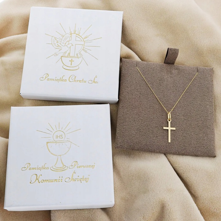 Złoty Komplet Chrzest Komunia łańcuszek ankier 45 cm + krzyżyk pr. 333