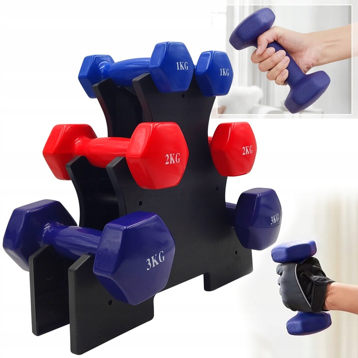 ZESTAW HANTLI DO ĆWICZEŃ HANTLE HANTELKI CIĘŻARKI FITNESS 6szt 12kg STOJAK