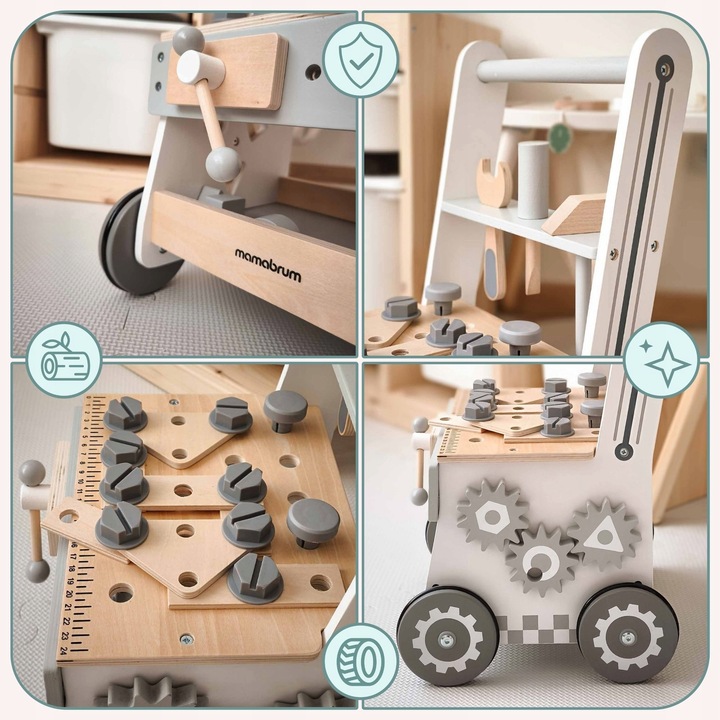 Drewniany Warsztat Dla Dzieci 3w1 Chodzik Pchacz Wózek 47 elementów Solidny