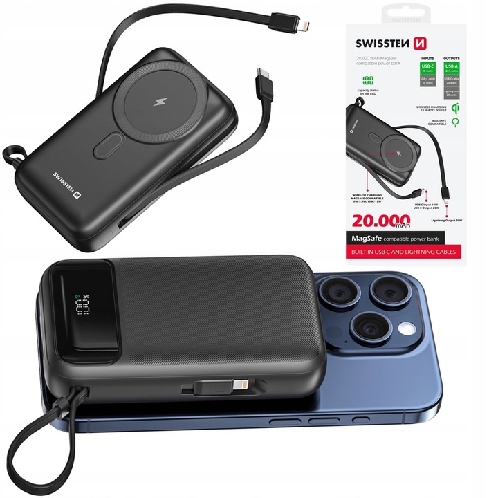 POWERBANK SWISSTEN 20000 mAh Qi PD 20W bezprzewodowe+ KABLE USB-C LIGHTNING
