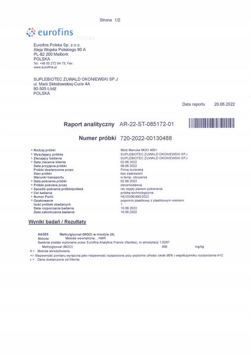 MIÓD MANUKA MGO 400+ 500 g HECADI