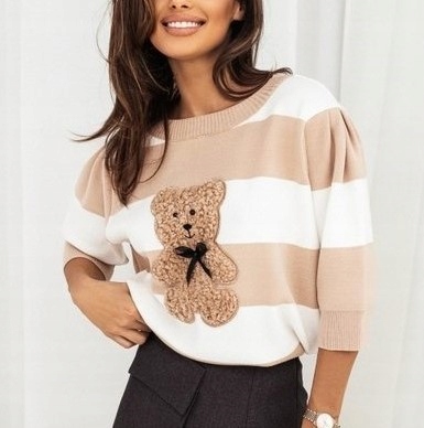 COCOMORE Sweter w Pasy MIŚ Bear Beżowy + Biały + Camel Nowość