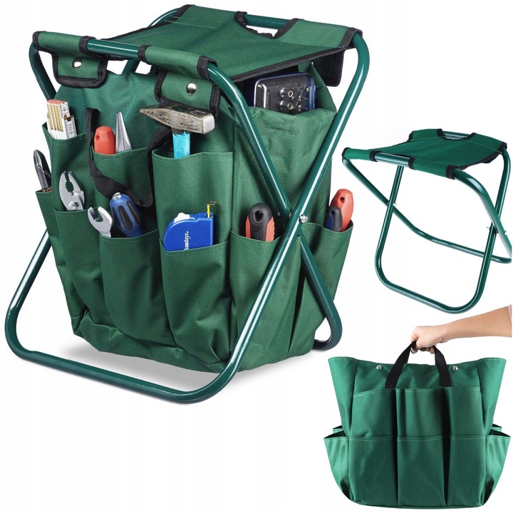 Stołek Składany Taboret Ogrodowy Wędkarski Z Torbą Na Narzędzia