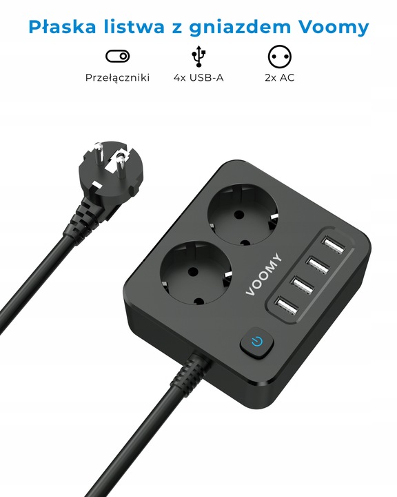 Voomy S2 6-w-1 Listwa Zasilająca: 2x Gniazda, 4x USB 3.1A, 4000W, 2m Kabel