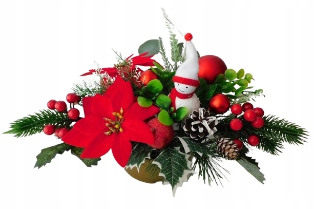 Stroik świąteczny na grób, poinsecja, bałwanek, czerwony