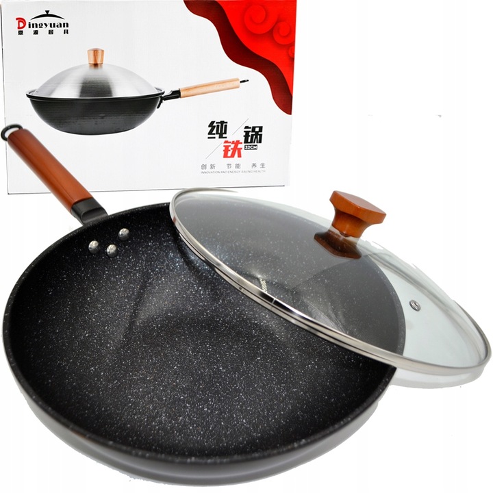 PATELNIA WOK 33CM STALOWY CHIŃSKI GŁEBOKI Z PRZYKRYWKĄ DO DAŃ AZJATYCKICH