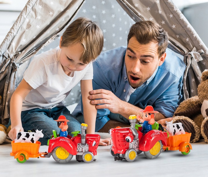 TRAKTOR TRAKTOREK FARMERA Z PRZYCZEPKĄ INTERAKTYWNY JEŹDZI ŚPIEWA KRÓWKA