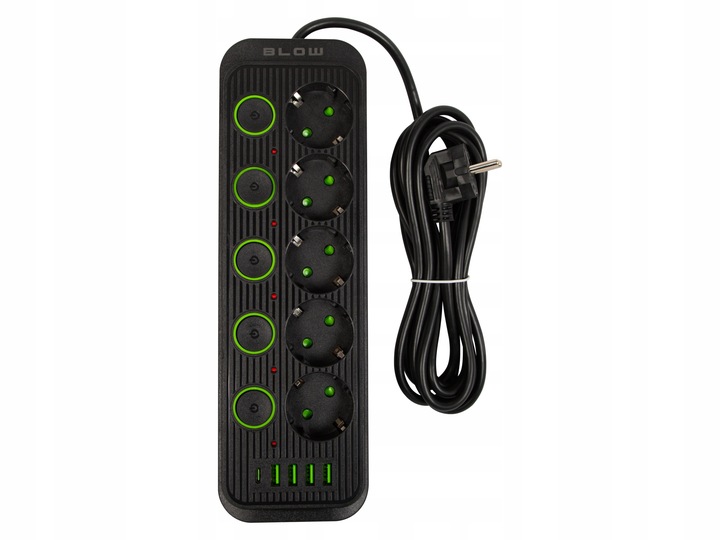 PRZEDŁUŻACZ LISTWA ZASILAJĄCA 4x USB 5 GNIAZD 3m USB ŁADOWARKA TYP-C CZARNY