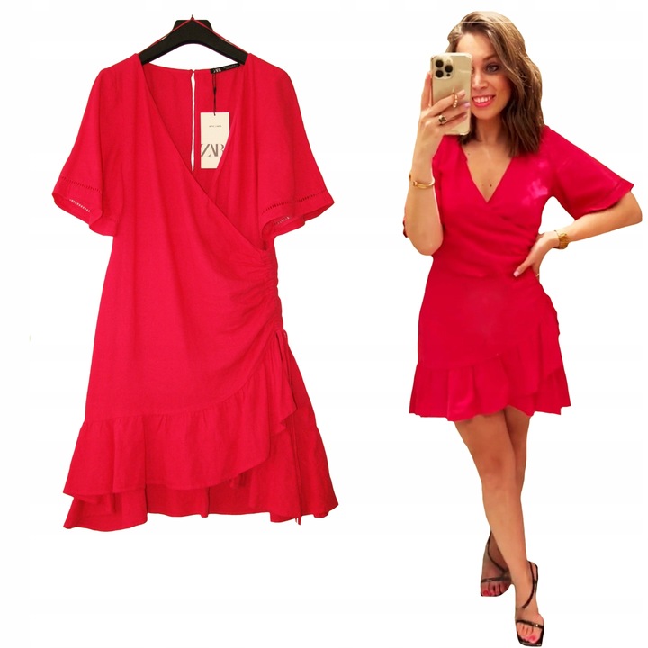 らな ZARA Piękna Kopertowa Sukienka z Lnem FUKSJA LUX S - Arena.pl